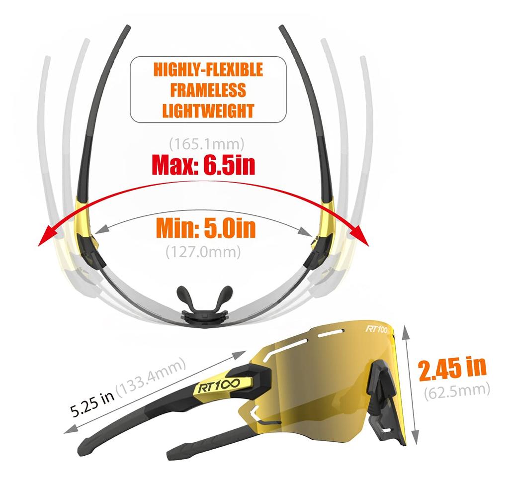 RT100 Sports Cycling Sunglasses for Suitable for Tennis Men, Frameless, Wrap-Around, Flexible, Lightweight, Gold, Cycling, Triathlon,