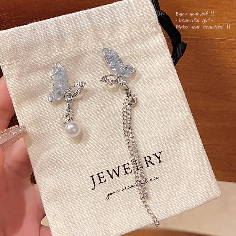 S925 Silver Needle Asymmetrical Butterfly Tassel Earrings with Blue Diamond Crystal and Pearls for Women - Spring/Summer.