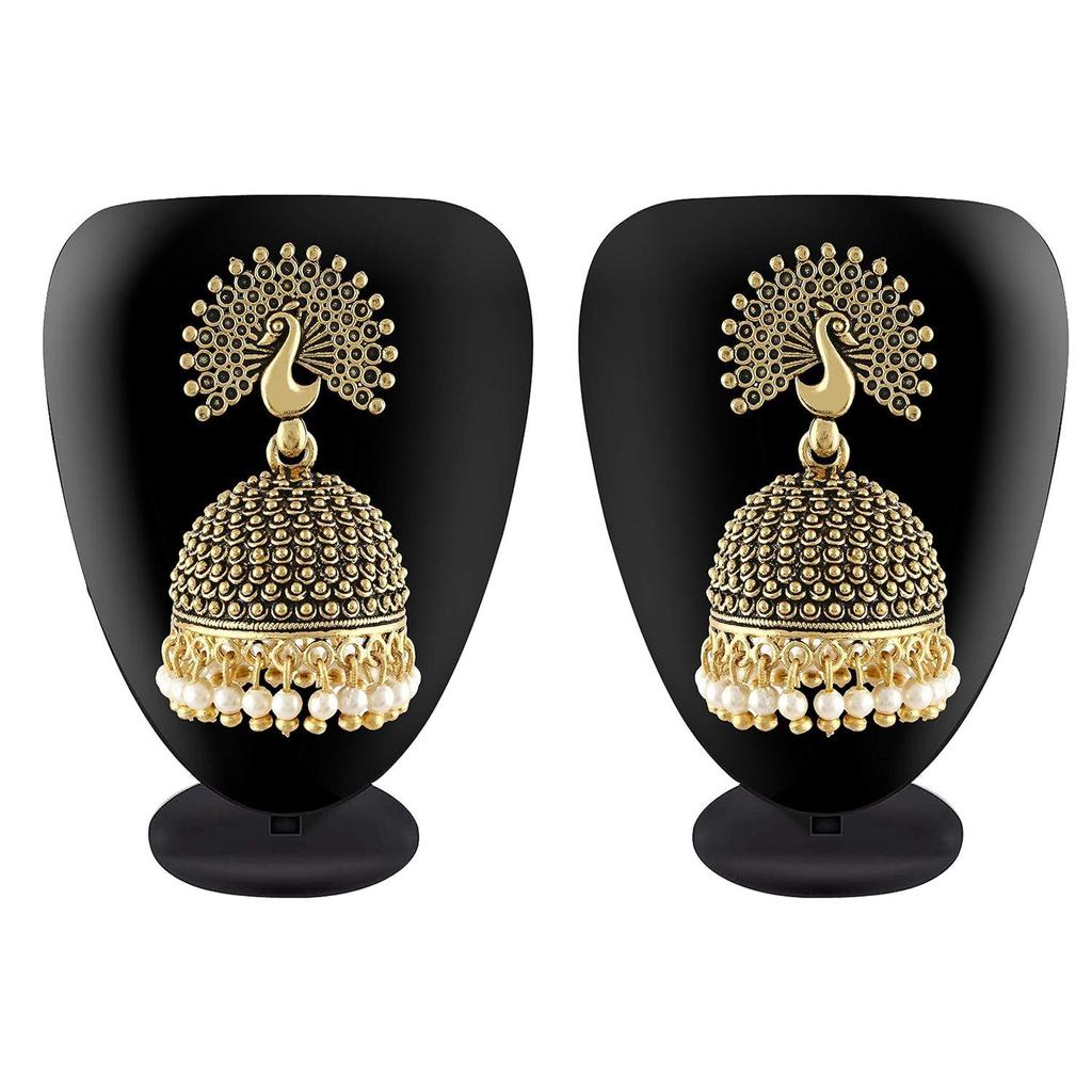 Traditional Wedding Temple Jewellery 22kt Gold Oxidised Meenakari Ethnic Antique South Indian Round Pearl Feather Peacock Jhumka Earrings Set For Wome