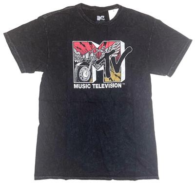 T-shirt Nera Lavaggio Acido con Logo Moto Classica MTV Music Television da Uomo Nuovo