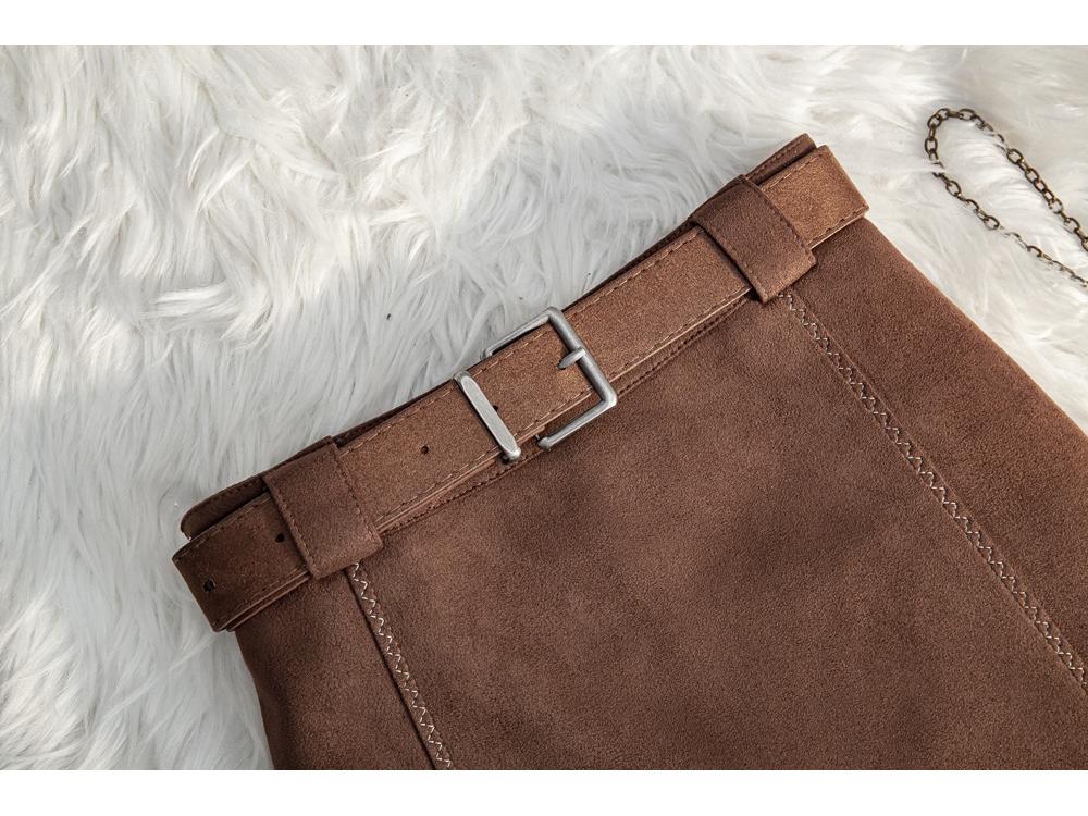 Plus Size Coffee Color Suede Velvet High Waist A-line Skirt – Anti-exposure, Hip-hugging, Short, for Women