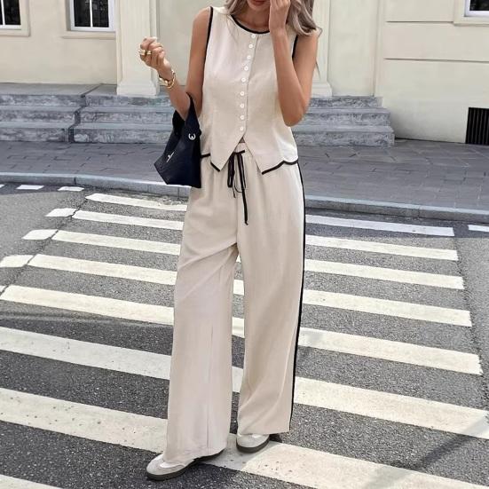 Women Summer 2 Piece Outfits Sleeveless Button Down Vest Wide Leg Pants Sets Casual Business Work Matching Set