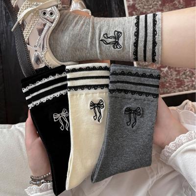 Bow Embroidered Socks Women'S Striped Lace Sweet Tube Socks Outer Lace Stacking Socks