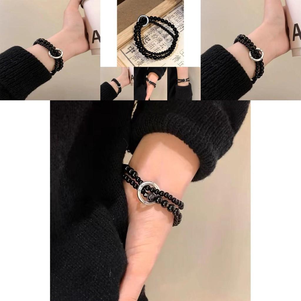 Stylish Double Circle Bracelet Black Beads For Men And Women Trendy Retro Design