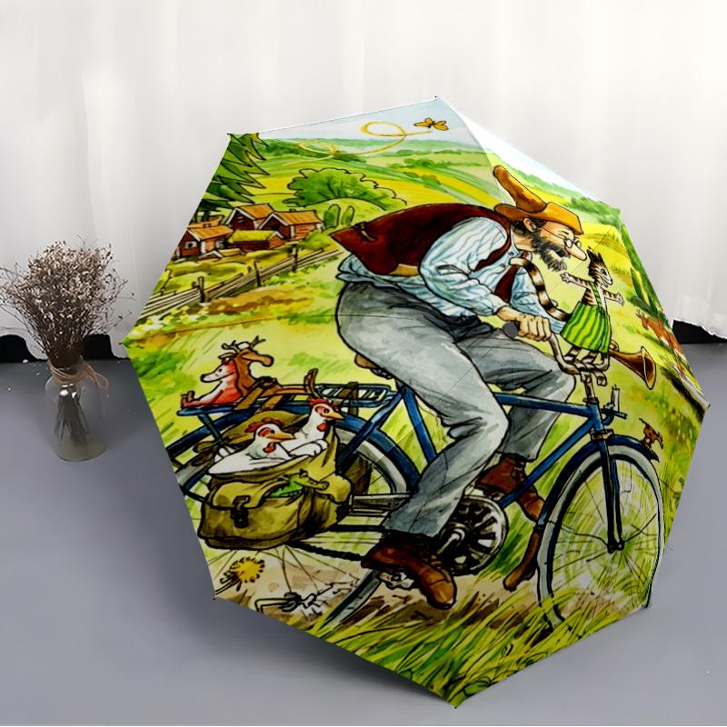 Pettson and Findus Print Folding Umbrella, Auto Open/Close, UV Protection, Windproof, Compact Travel Umbrella
