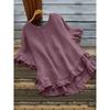 Plus Size Women's Ice Silk Pleated Ruffle Top with Flare Sleeves and Round Neck.