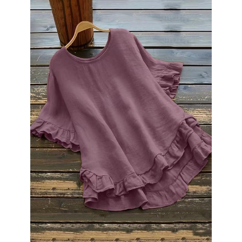 Plus Size Women's Ice Silk Pleated Ruffle Top with Flare Sleeves and Round Neck.