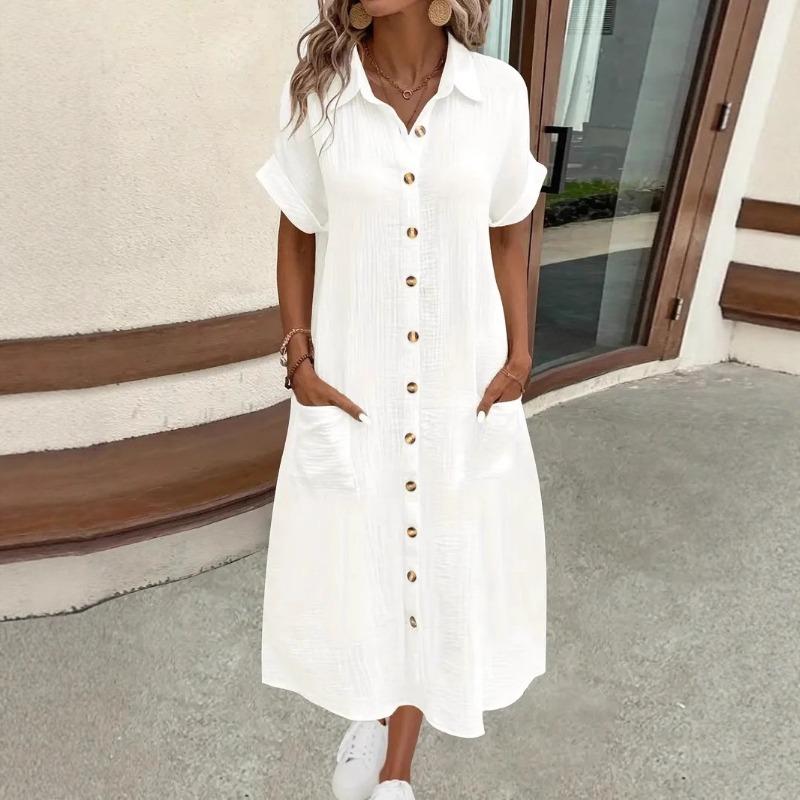 Wish summer solid color simple collar button long dress women's clothing