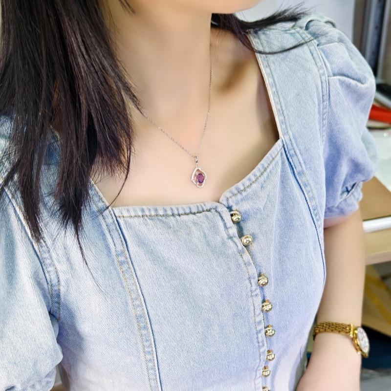 Women's S925 Sterling Silver Necklace Natural Crystal Peridot Pendant Brushed Craft Clavicle Chain Jewelry
