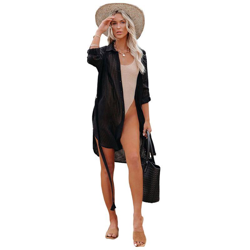 

Summer 2024 New Arrival Shirt-Style Beach Bikini Blouse Fashion Pure Color Stripes Lace-up Mid Length Long Length Chiffon Blouse Black S code fits (45.00 kg-55.00 kg