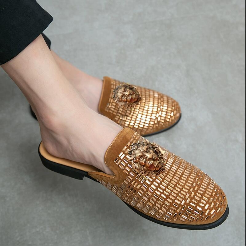 

Fashion Baotou slippers, men s genuine leather casual perforated breathable small leather shoes, large-sized semi-slippers men s shoes 48