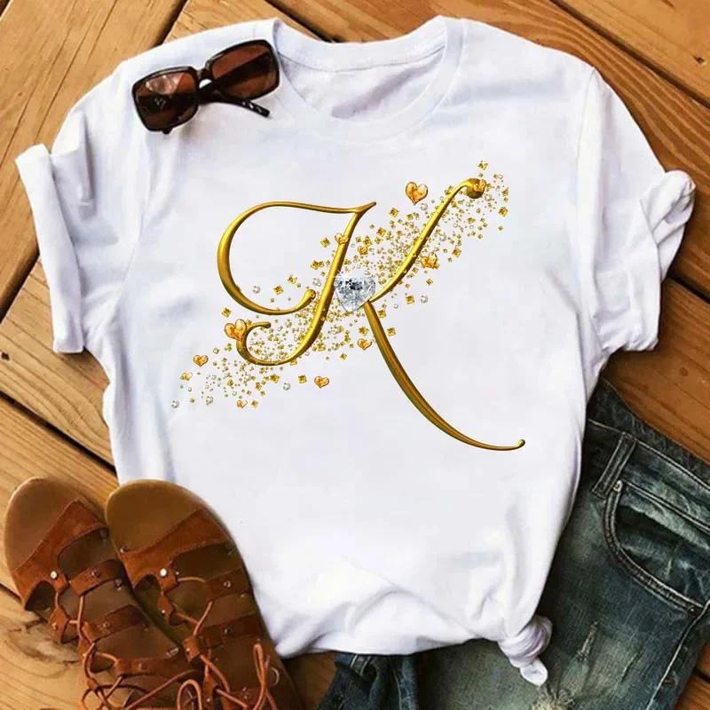 A letter combination Tshirt with a custom name suitable for short sleeved women's clothing with gold diamond letter font ABCDEF