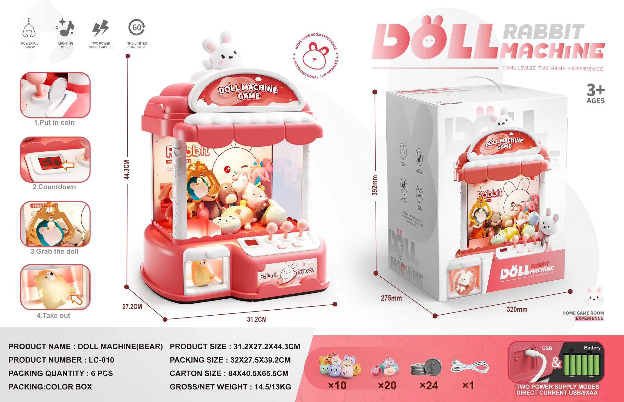 Kids Mini Claw Machine Toy - Manual Arcade Prize Dispenser with 10 Plush Dolls, Ideal Birthday Party Gift