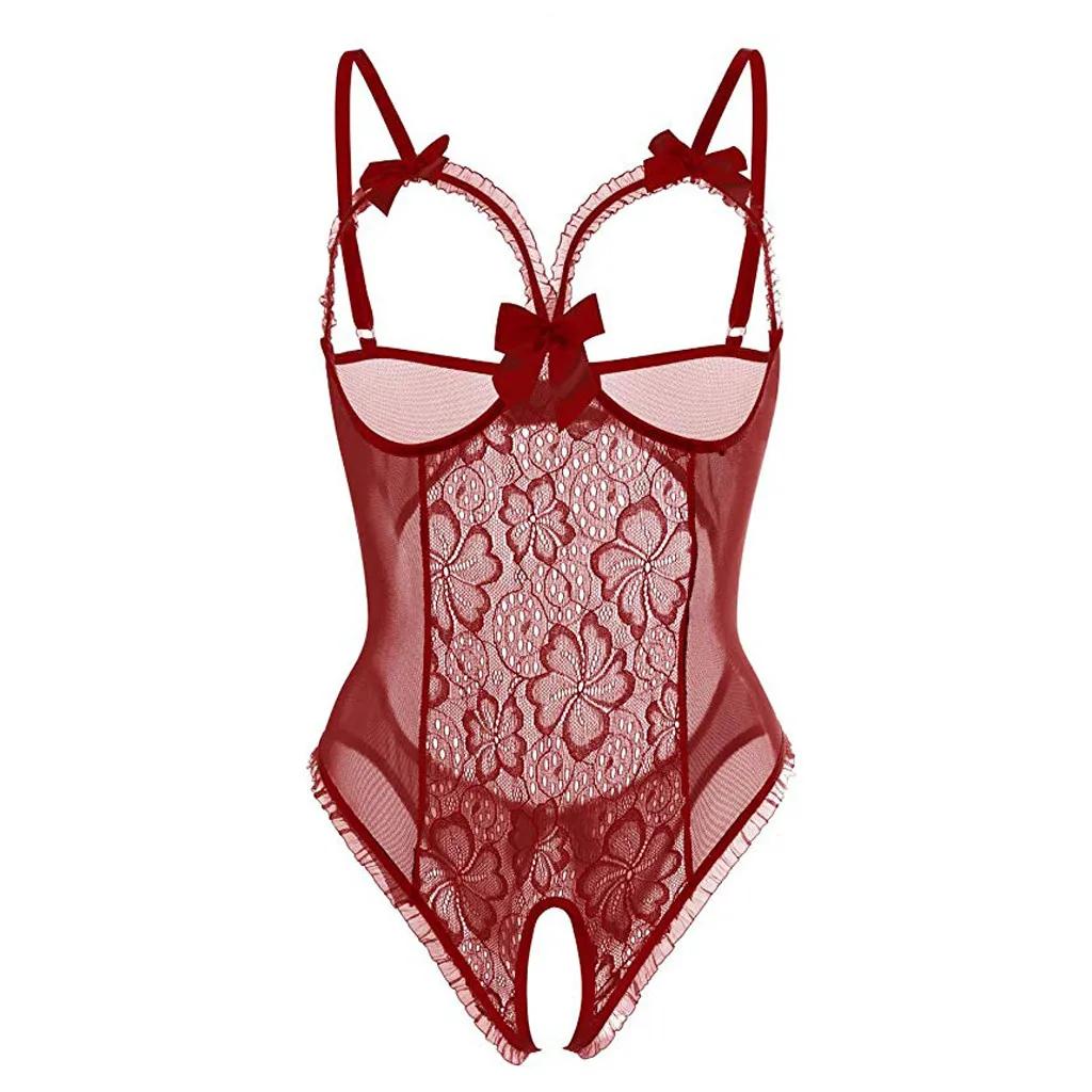Deep V See Through Halter Dress Sexy Lingerie Women Erotic Backless Pajamas Lace Babydoll Sensual Crotchless Underwear