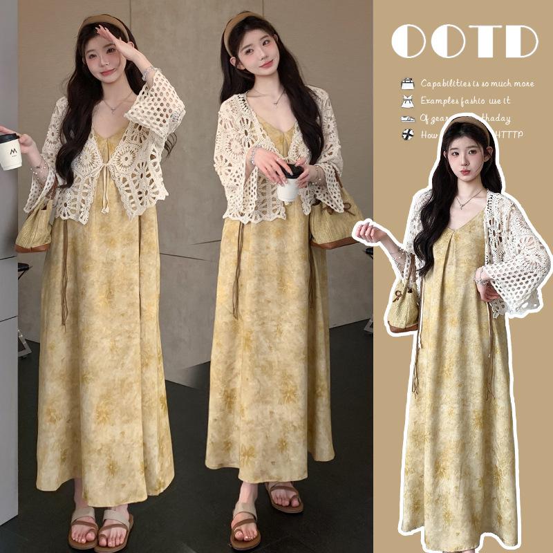 2026 Spring/Summer Yellow Floral Slip Dress & Lace Shawl Set L