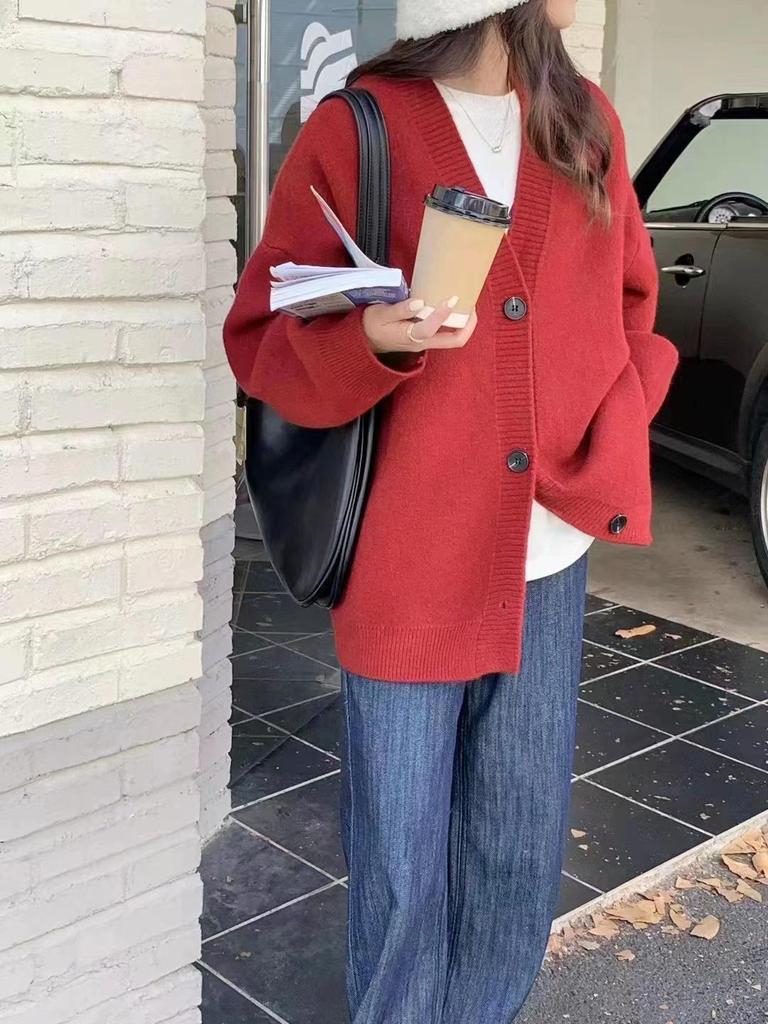 2025 Jaro/Podzim Dámský Volný Červený Pletený Kardigan - Korejský Styl Všestranný Svršek Svetr