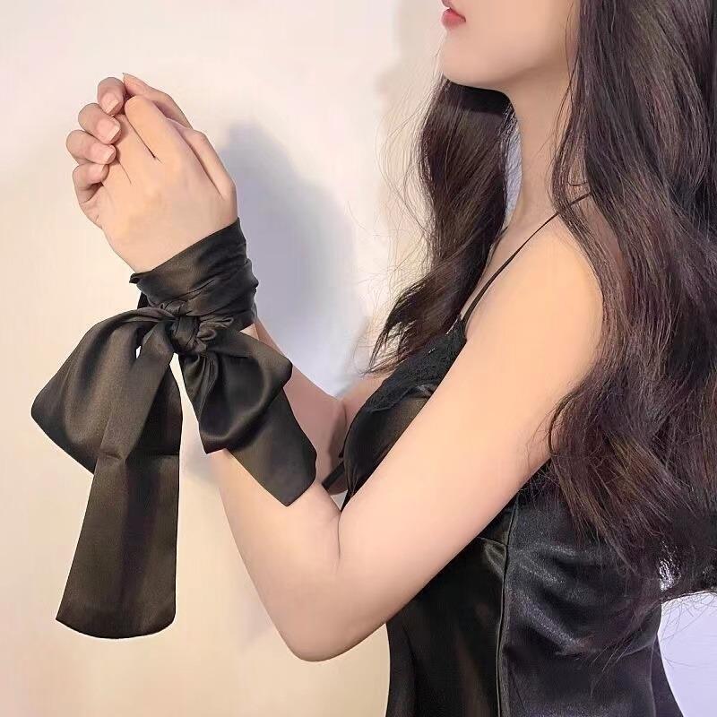 Women Narrow short Scarf Solid Color Chiffon Silk Rubber Black Bag Ribbon Headbands Choker Streamer Lady Accessories
