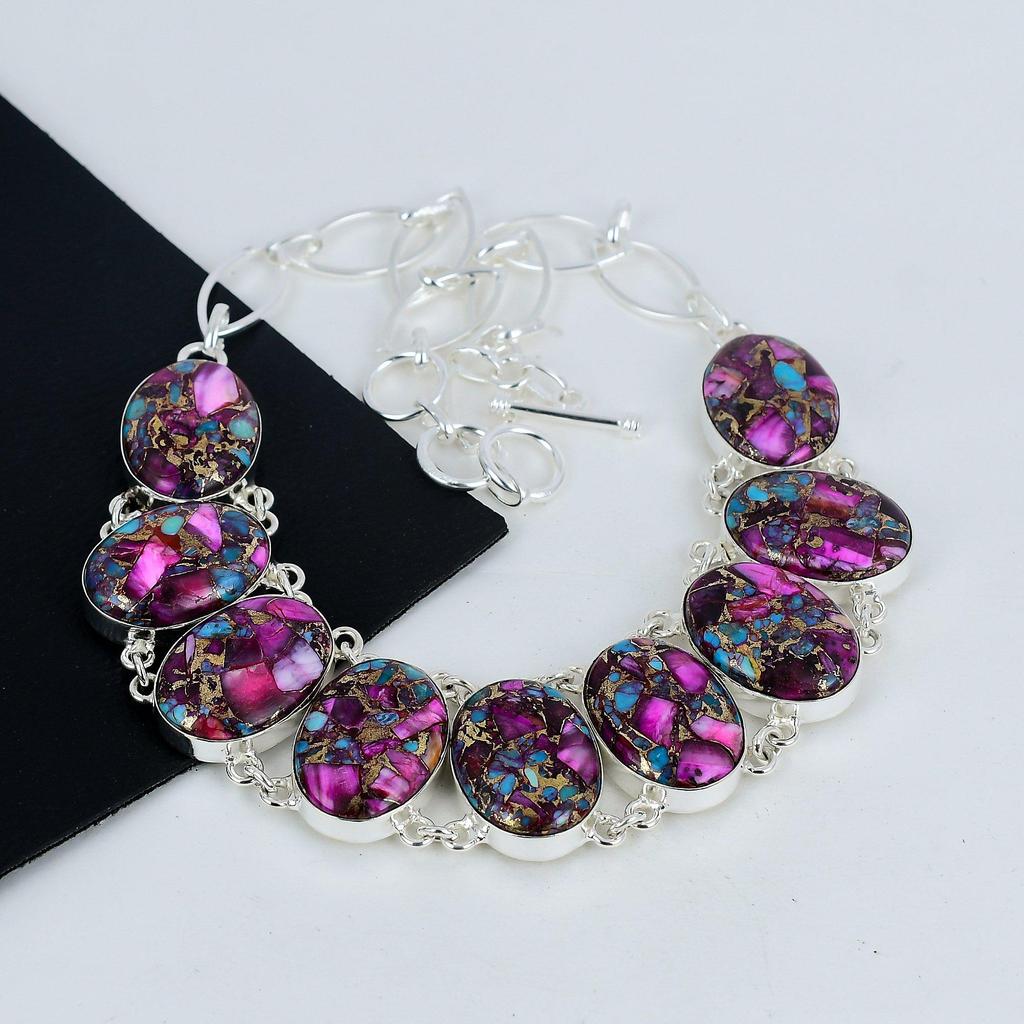 King Mani Spiny Oyster Gemstone Handmade 925 Sterling Silver Necklace, King Mani Spiny Oyster Silver Necklace For Wife, Unisex Necklace, Gift