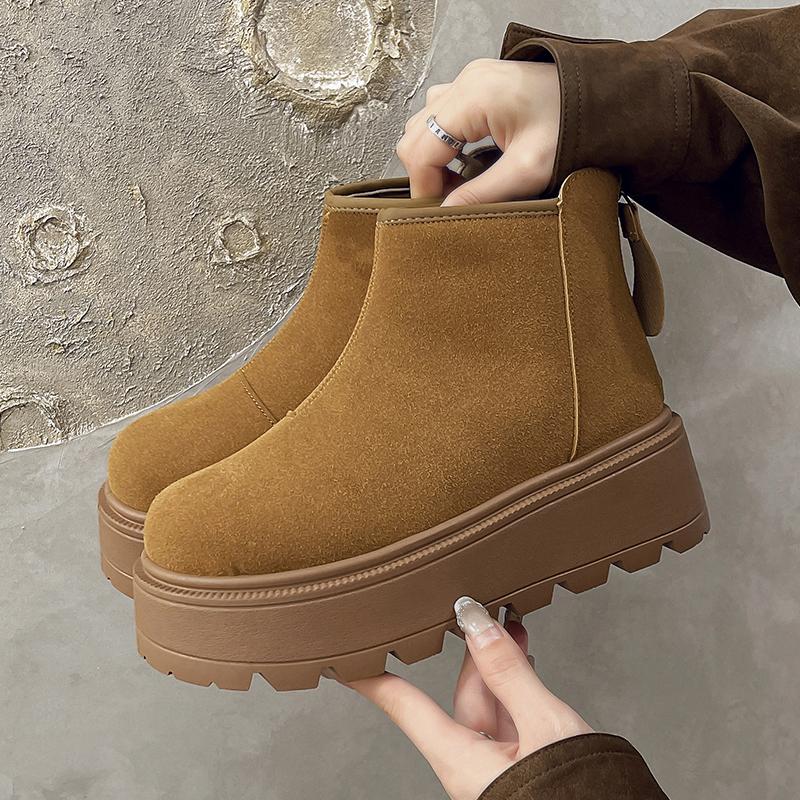Women's Slope Heel Cotton Boots Winter New Round Head Suede Back Zipper Thick Sole Non-slip Short Snow Boots