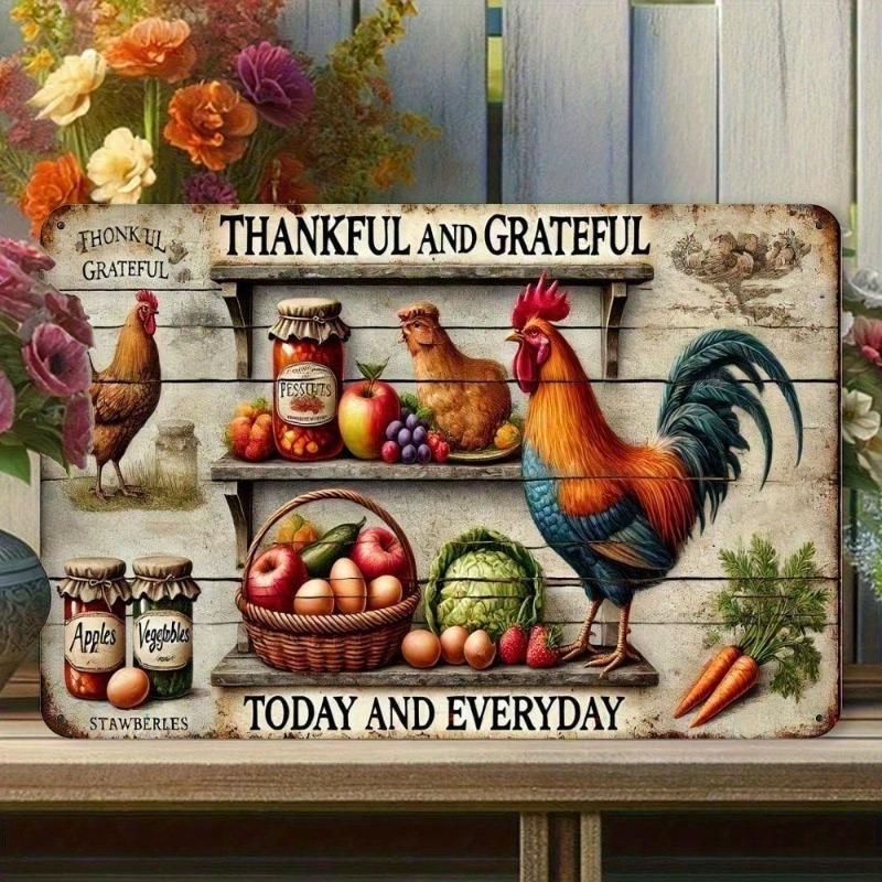 Vintage Chicken Farm Wall Art Sign Aluminum, 12x8 Inch Rustic Kitchen Decor Grateful Thankful Quote, Farmhouse Sign for Kitchen