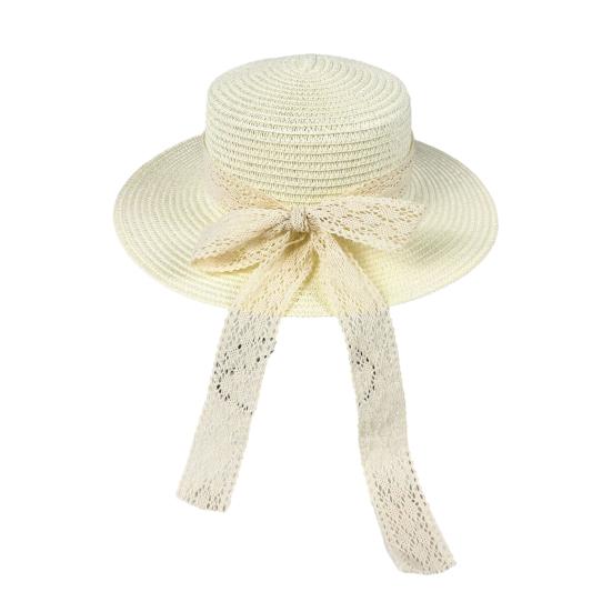 Sun Hat Lace Bow Decor Flat Top Wide Brim Straw Hat Hand-Woven Sunproof Windproof Summer Beach Picnic Basin Hat