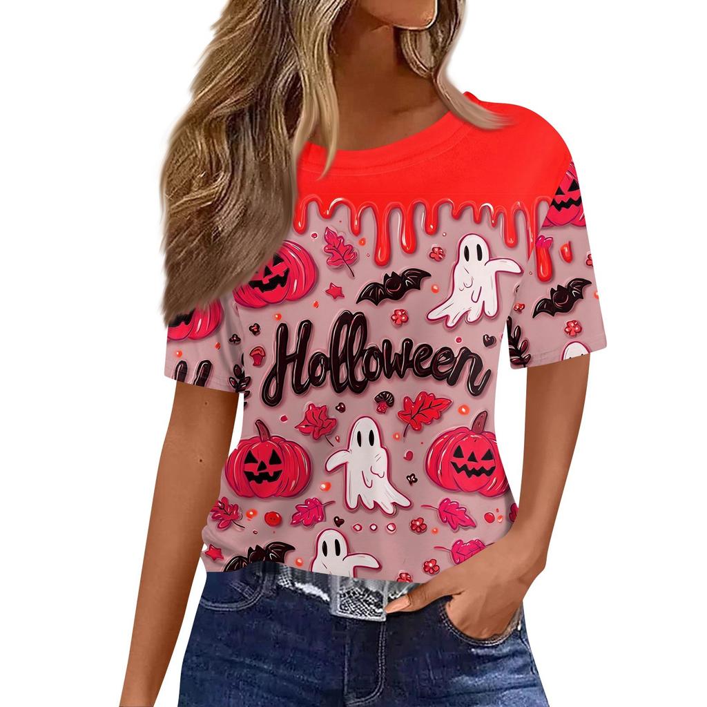 Modisches Lässiges Damen-Pullover-Oberteil mit Kurzarm und Halloween-Print, Rundhals