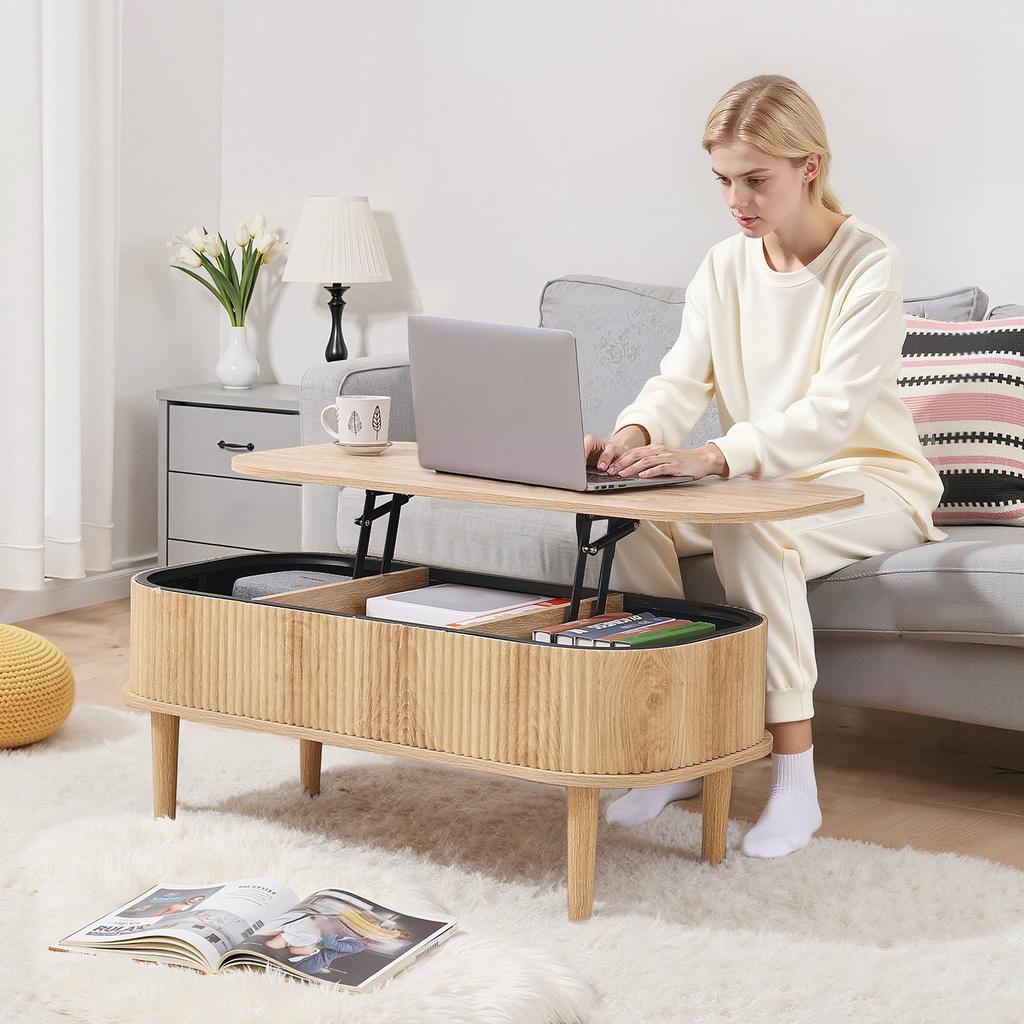 1000 Mm Lift Top Coffee Table, Fluted Oval Coffee Table with 3 Hidden Compartment, Mid Century Wooden Oval Center Desk with Storage, Lift Up Tabletop