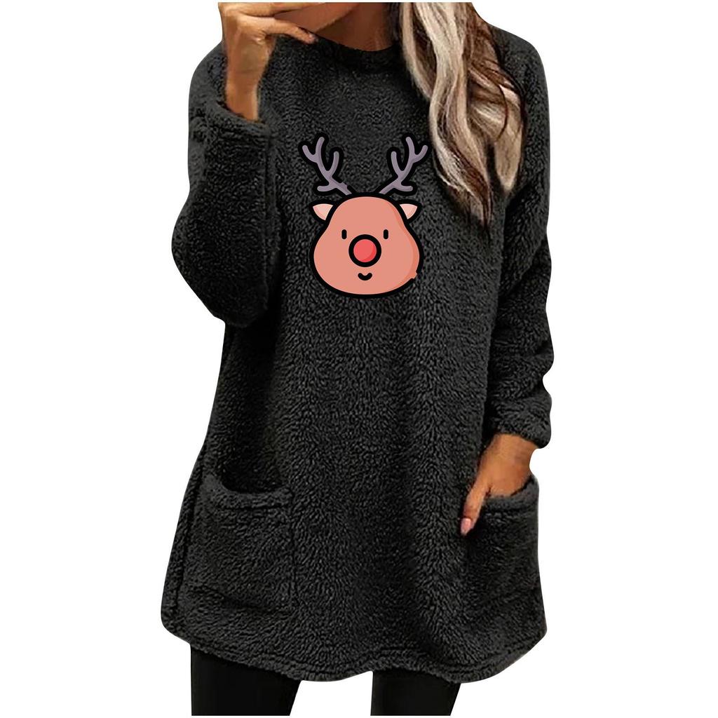Women's Christmas Deer Print Fleece Sweatshirt, Loose Fit, Long Sleeve, Round Neck, with Pockets.