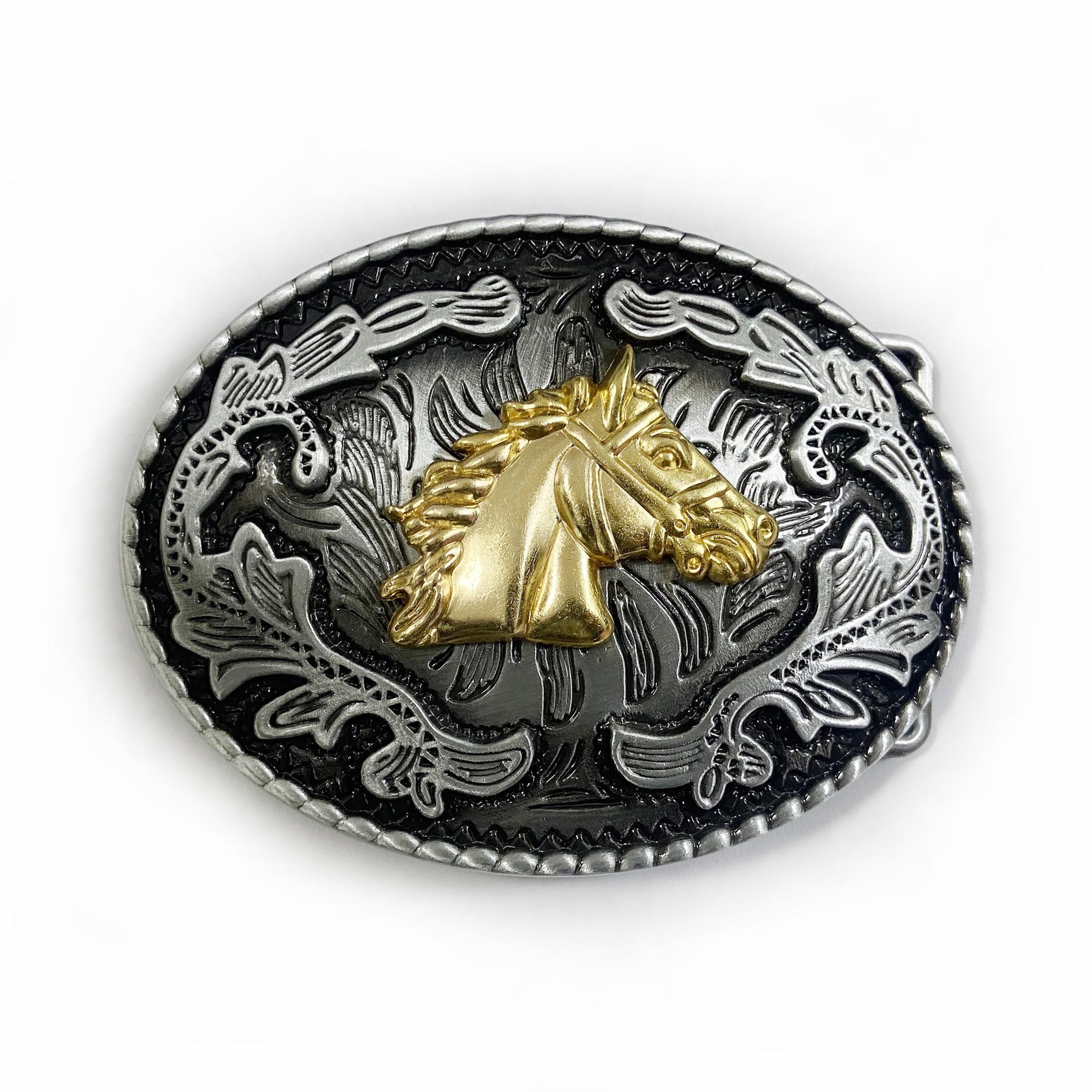 Western Ethnic Style Bull Head Belt Buckle with Tang Grass Pattern, Oval Higanbana Alloy Design