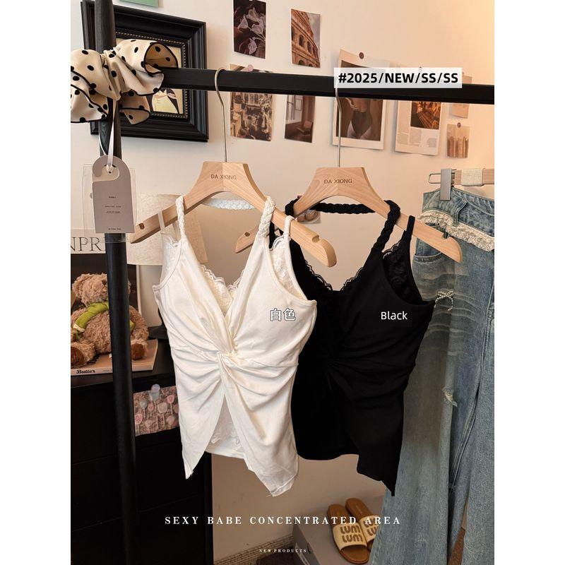 Kumikumi Gyaru Wind French style Kinked Lace Edge Cami Women Summer Slimming With Chest Pad Outer Wear Top