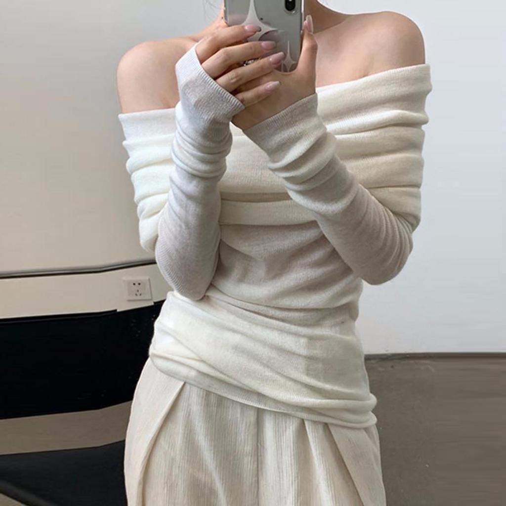 Damen-Strickpullover mit French Line-Schulter, schmaler Passform, schulterfrei, langen Ärmeln, einfarbig
