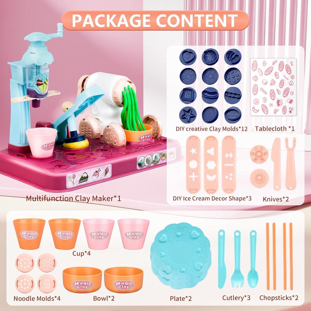 Playdough Sets for Kids Ages 4-8, 3 In1 Playdough Ice Cream 72 Pcs Toddlers' Play Kitchen Set Play Dough for Creations Making Noodle/Ice