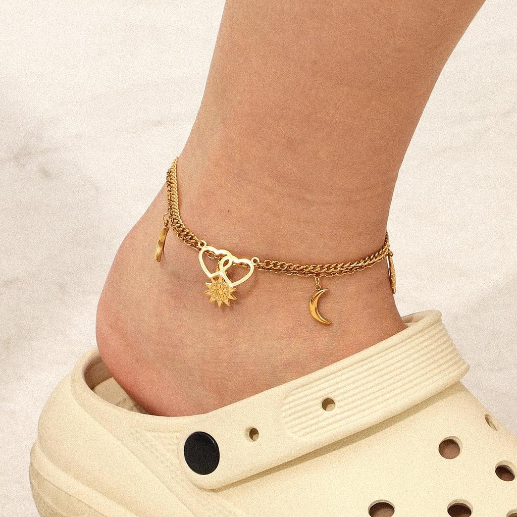 Stainless Steel Double-Layer Anklet with Heart, Moon, & Sun Pendant - Fashionable, Simple, High-End Jewelry