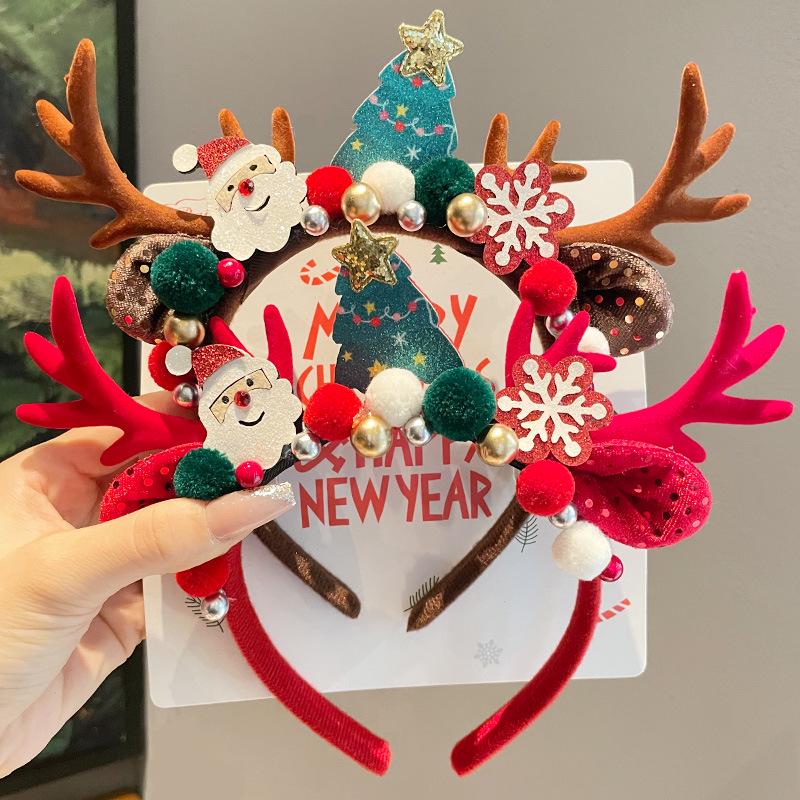 Mori Style Reindeer Antler Headband & Clips - Festive Red Hair Accessories for Women and Children
