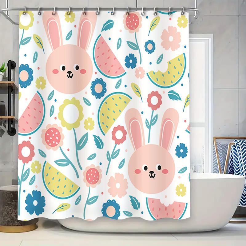

Modern Bathroom Shower Curtain With Cartoon Rabbit Print, Bright Colorful Flowers Watermelon Slice, Waterproof Fabric For Home D W60H190(CM)-1 Pcs