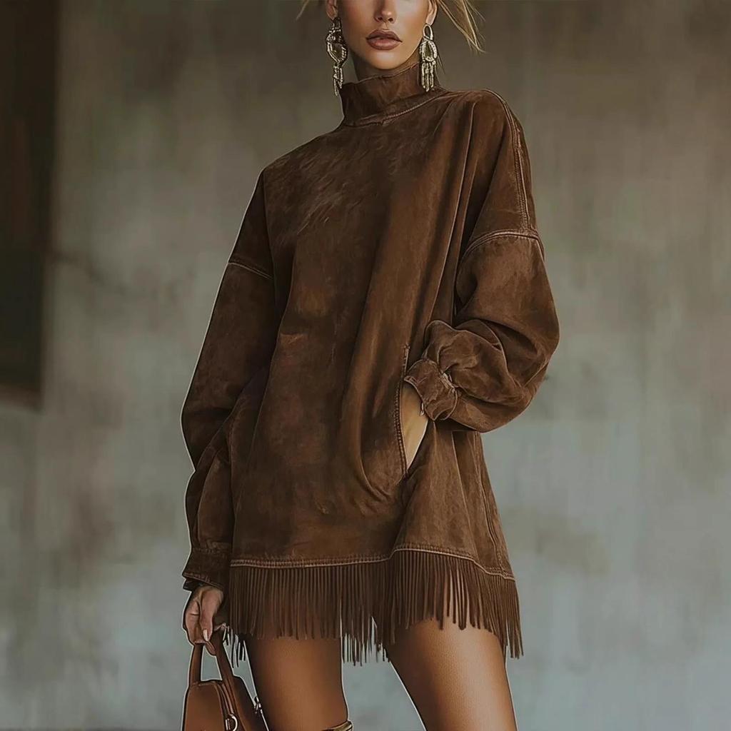2025 Suede Tassel Dress: High Neck, Loose Fit, with Pockets for Autumn/Winter
