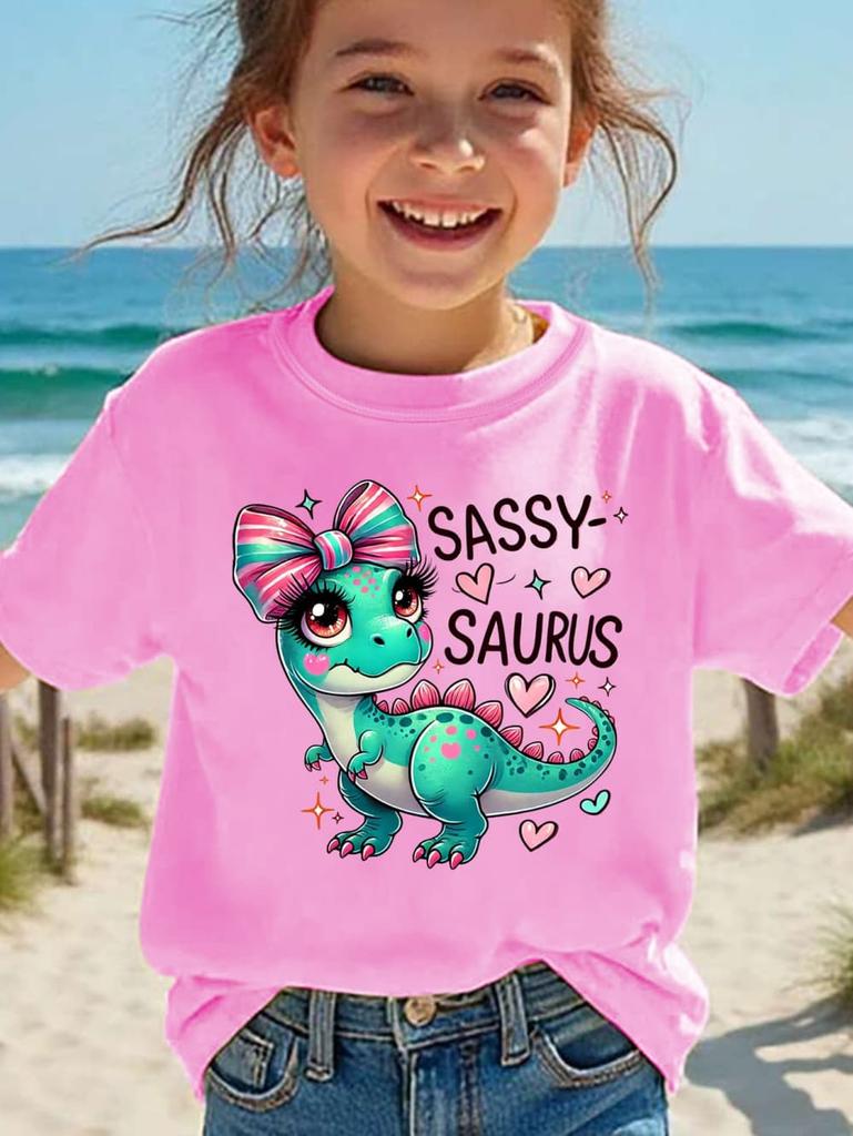 Girls' Kawaii Cartoon Dinosaur Graphic T-Shirt Cute Pink Bow Hearts Print T-Shirt Kids Short Sleeve Tee Y2k Children's Clothing