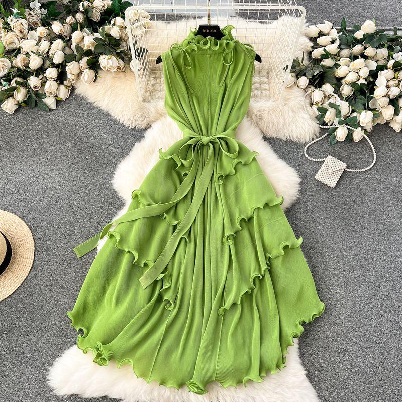 Wooden Ear Silm Long Pleated Chiffon Dress