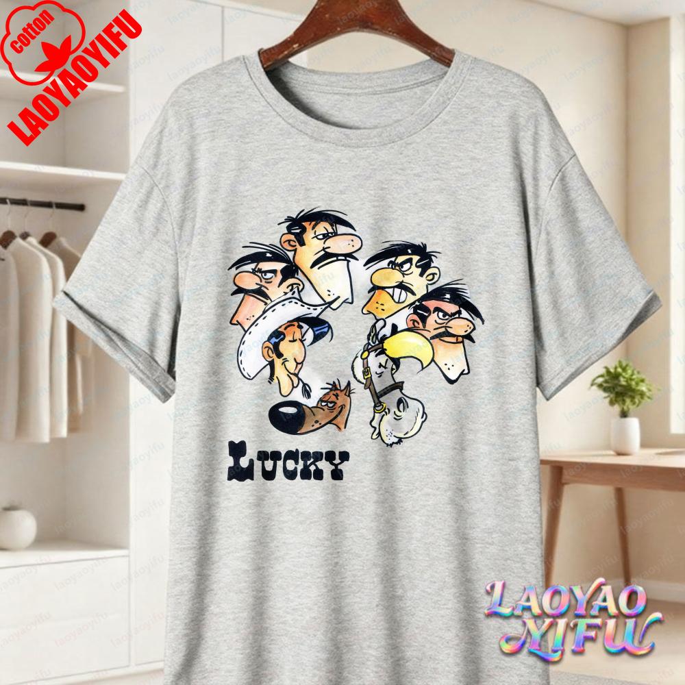 Lucky Luke Vollbesetzung Druck Lässige Oberteile Verspieltes West-Cartoon Baumwoll-T-Shirt Lustiges Vintage Klassisches Anime-Shirt Trend Unisex Kleidung