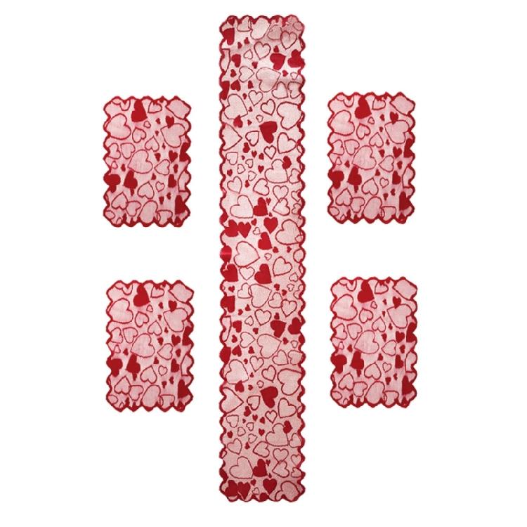 5Pcs Valentines Theme Lace Table Runner and Placemat Set with Heart Pattern Romantics Weddig Anniversaries Dinner Decors
