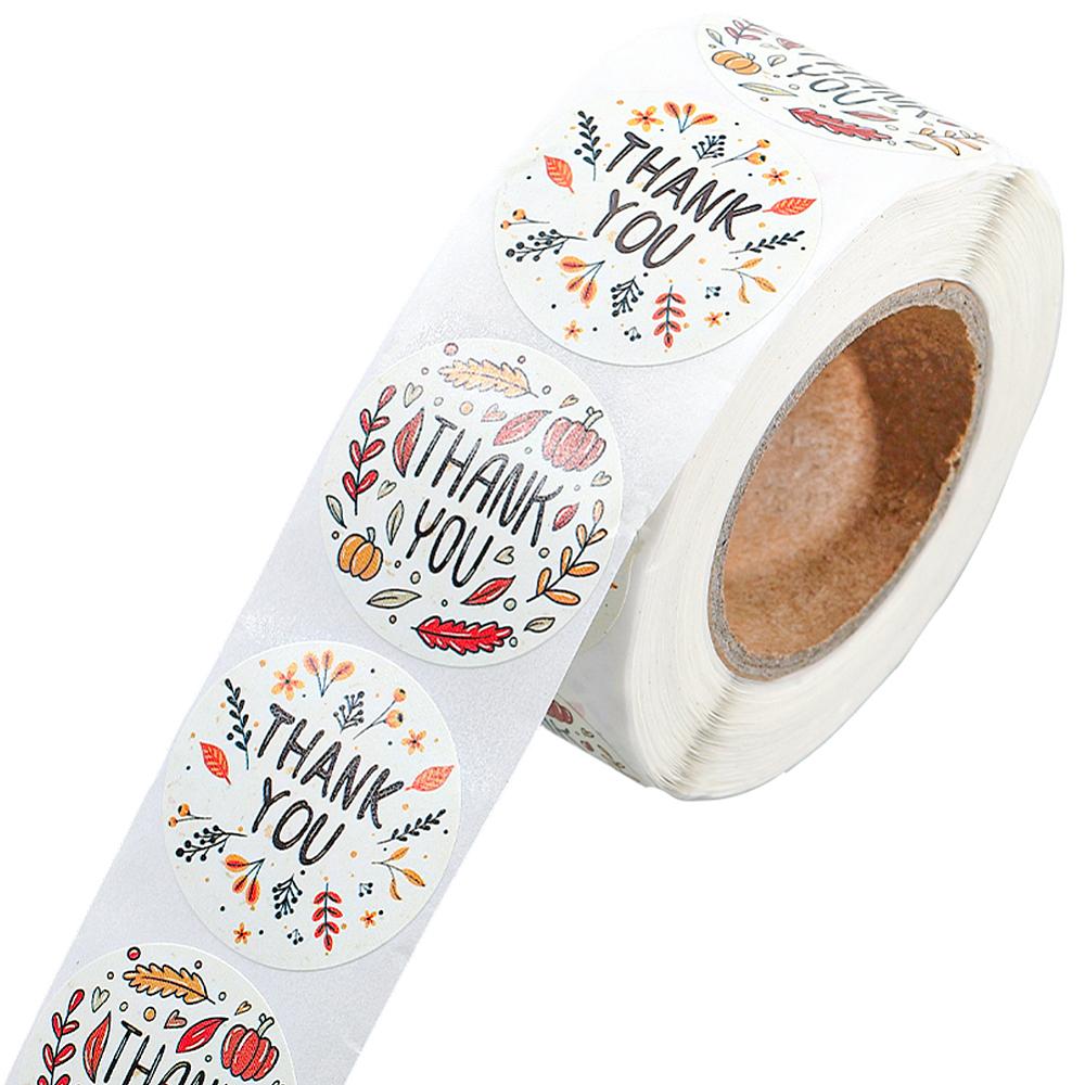 1 Roll Autumn Stickers Roll Round Paper with Thank You Stickers Adhesive Labels Decorative Sealing Stickers for Gifts Party Chocolate 25mm 500pcs/roll