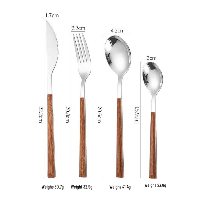 Korean Style 430 Stainless Steel Tableware Set with Imitation Wood Grain Handles: Includes Knife, Fork, Spoon, and Chopsticks