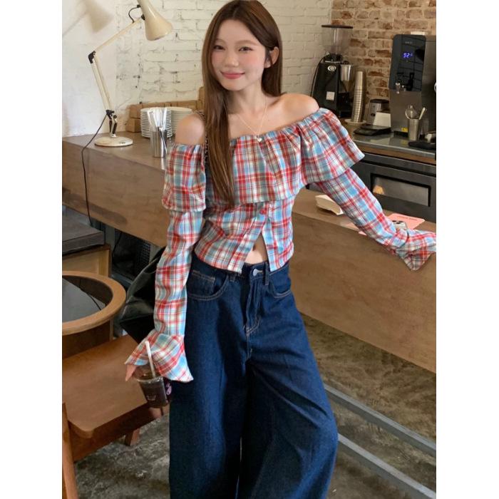 

Plus Size Retro Plaid Flared One-Shoulder Top with Long Sleeves Extra Large