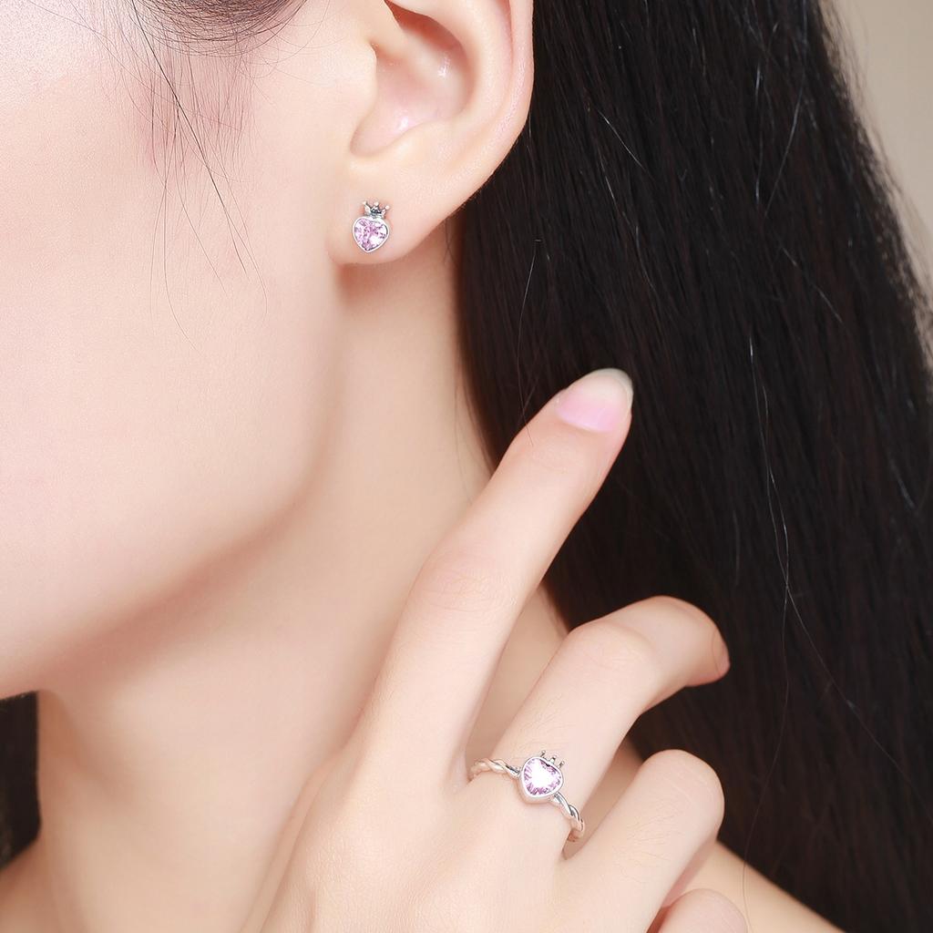 S925 Earrings, Hearts, With A Crown Of Cubic Zirconia For A Princess