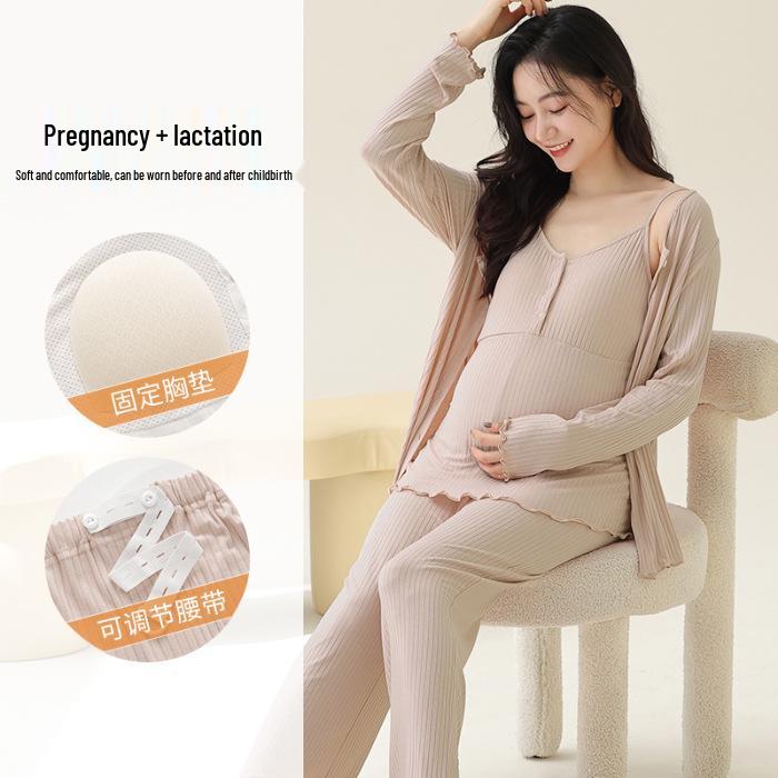 Modal Maternity Pajamas: 3-Piece Autumn Set with Breast Pads, Postpartum Nursing, Belly Comfort, Summer Wear.