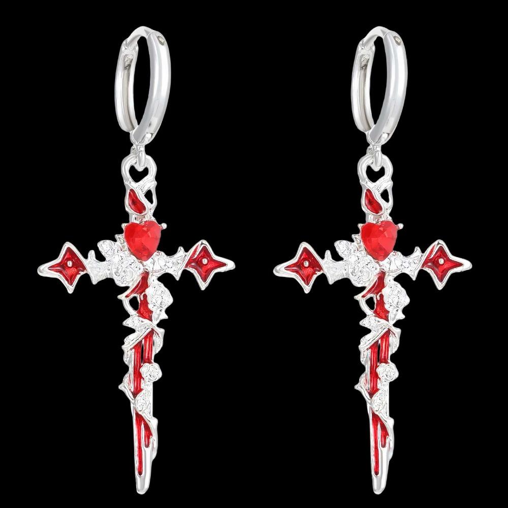 Punk Charm Sliver Color Rose Flowers Winding Red Drip Glaze Cross Heart Hoop Earrings Necklace for Women Stainless Steel Jewelry