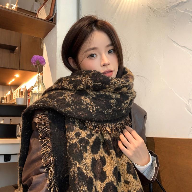 Womens Faux Cashmere Leopard Print Scarf With Fringe Warm Winter Wrap Chic Korean Style Shawl 185x55cm