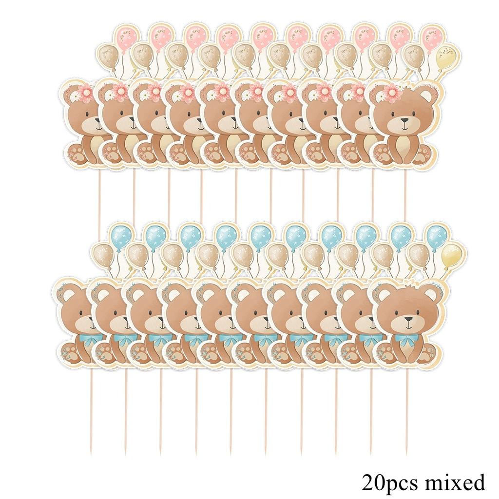 20pcs Carton Bear Cupcake Toppers Blue Pink Topper for Kids Baby Shower Bear Happy Birthday Party Decorations DIY Cake Supply