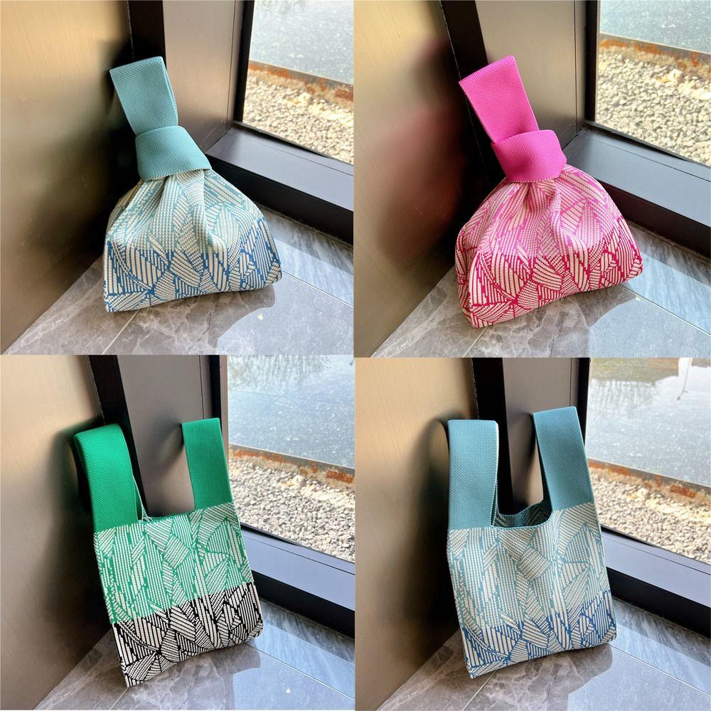 Reusable Shoulder Bag Women Girls Handmade Knot Wrist Bag Tote Bag Knit Handbag