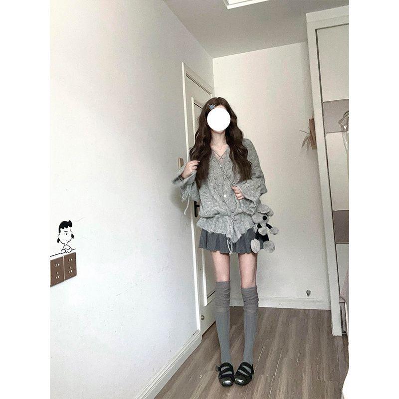 Women's Korean V-Neck Long-Sleeve Knit Sweater with Waist-Cinch Tie - Trendy Autumn 2025